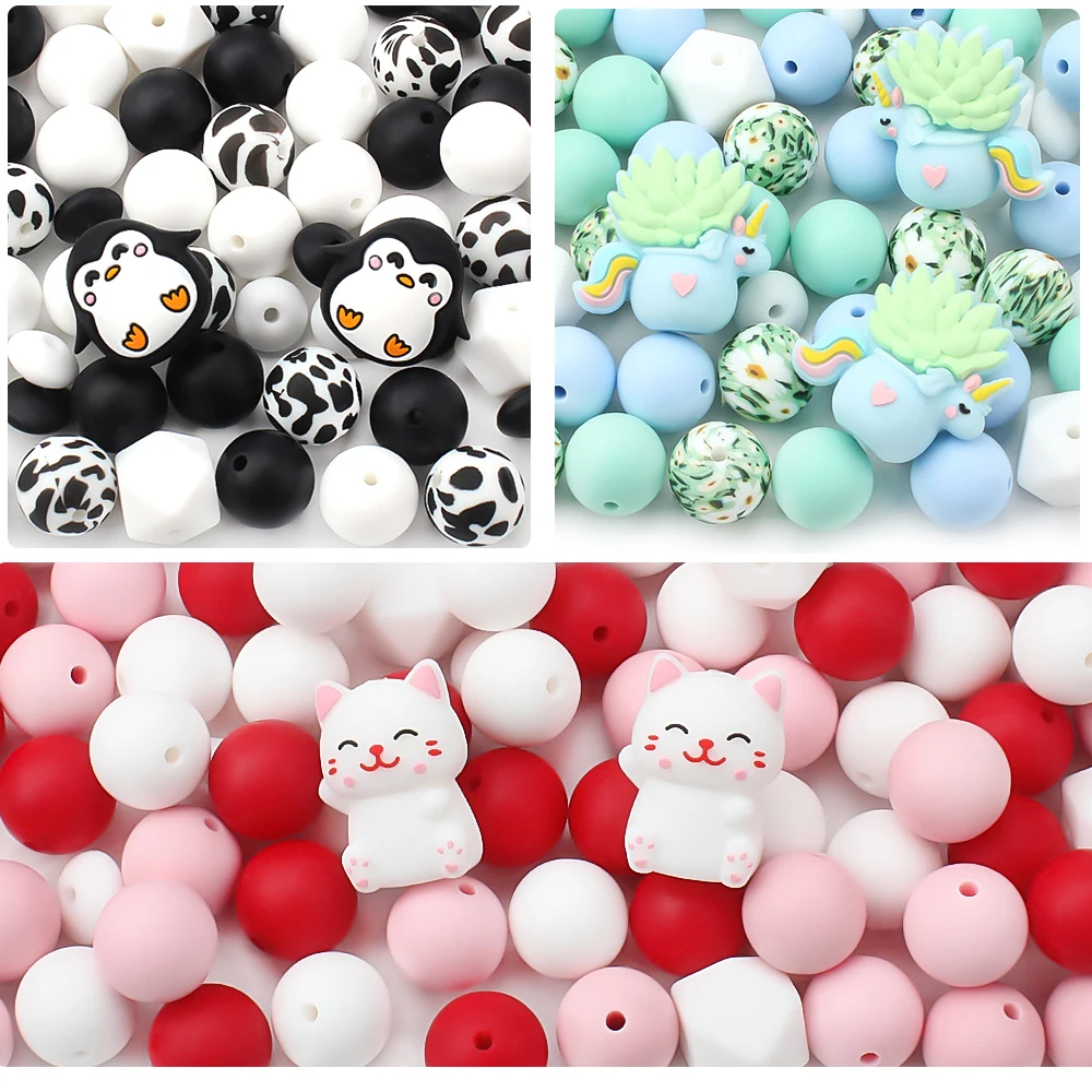 30Pcs/Lot Baby Silicone Beads 3D Cubist Animals Beads Set For Jewelry Making DIY Necklace Keychain Jewelry Accessories Gifts