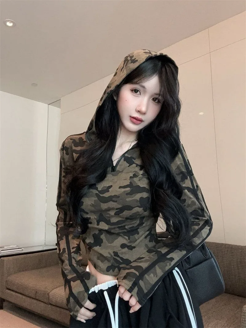 Damenmode Camo-Print Hoodie mit halbem Reißverschluss, Langarm-T-Shirt, einzigartiges Design, schmal geschnitten, lässiger Pullover-Oberteil für Damen – Detail 7