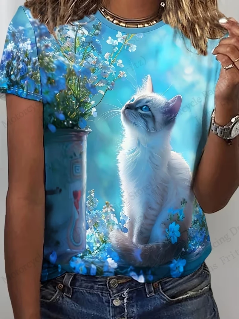 جديد الكرتون لطيف القط ثلاثية الأبعاد تي شيرت مطبوع المرأة موضة عادية المتضخم قصيرة الأكمام التي شيرت الحيوان هريرة بلايز تيز الملابس النسائية #5