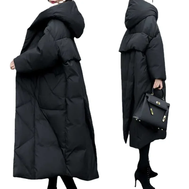 Long Thick Parkas Zipper Hooded Spliced Jackets Women Maxi Warm Loose Coats Pockets Autumn Winter Y2k Korean Coat Warm Parka