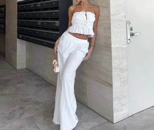 

White Cotton and Linen Strapless Wide Leg Pants Lace Up Set 2025 Spring/summer Fashion Latest Hot New Crossover Two-Piece Set