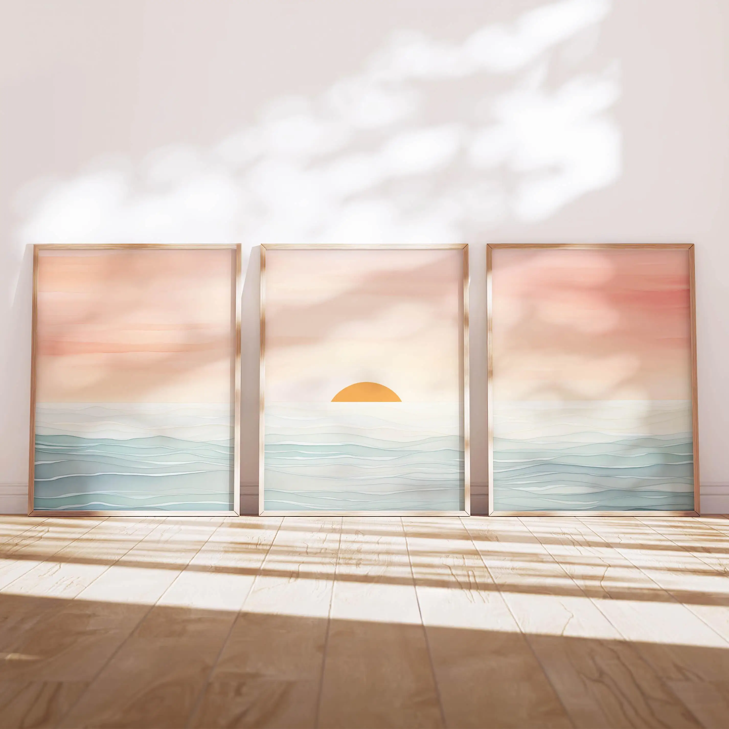 Minimalist Pastel Sunset Ocean Wall Art Set, Boho Coastal Sunrise Canvas Prints, Blush Pink Mint Home Decor & Perfect Gifts