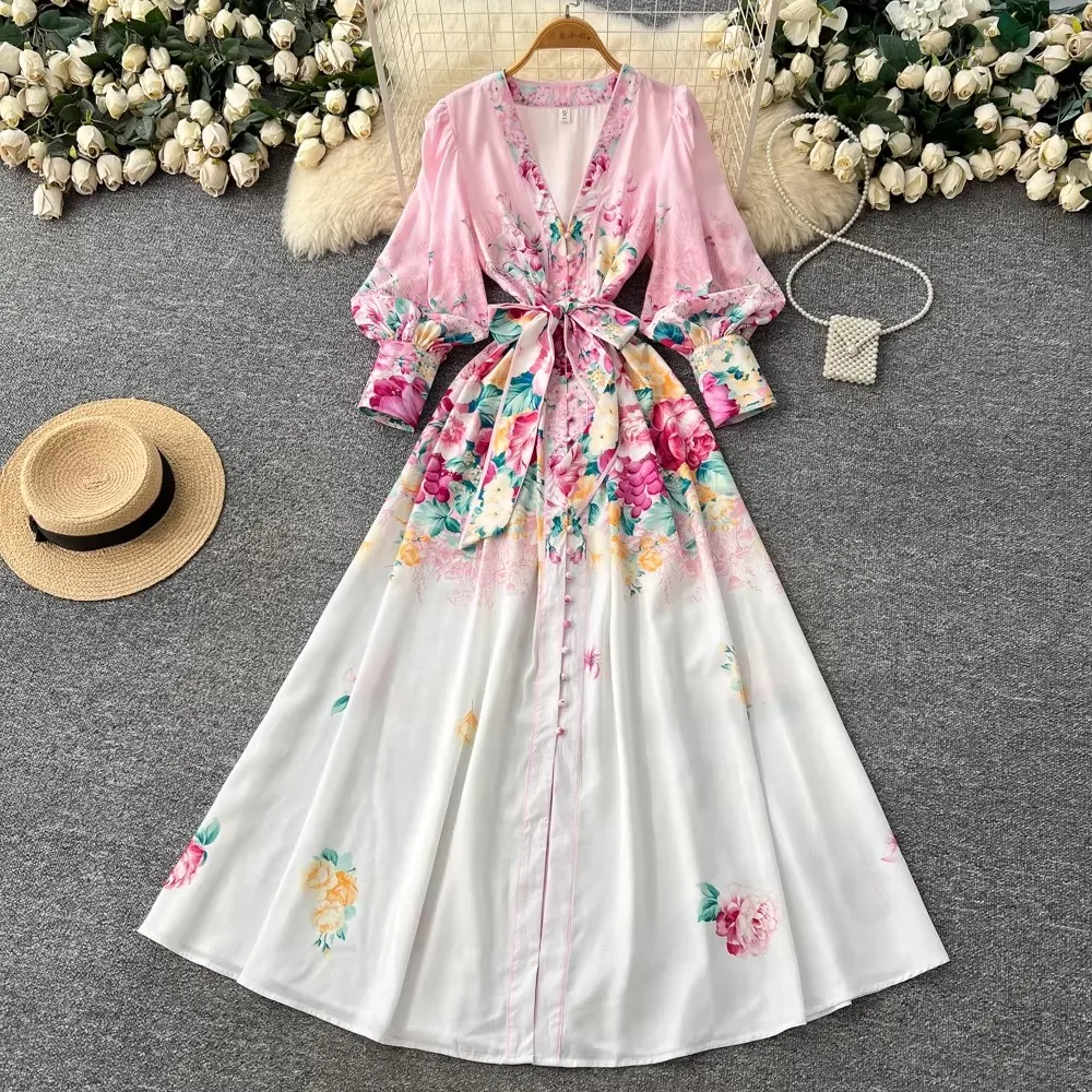 

Summer Bohemian Maxi Dress Women's Holiday Long Lantern Sleeve V-Neck Flower Print Bandage Lace-Up Robe Style