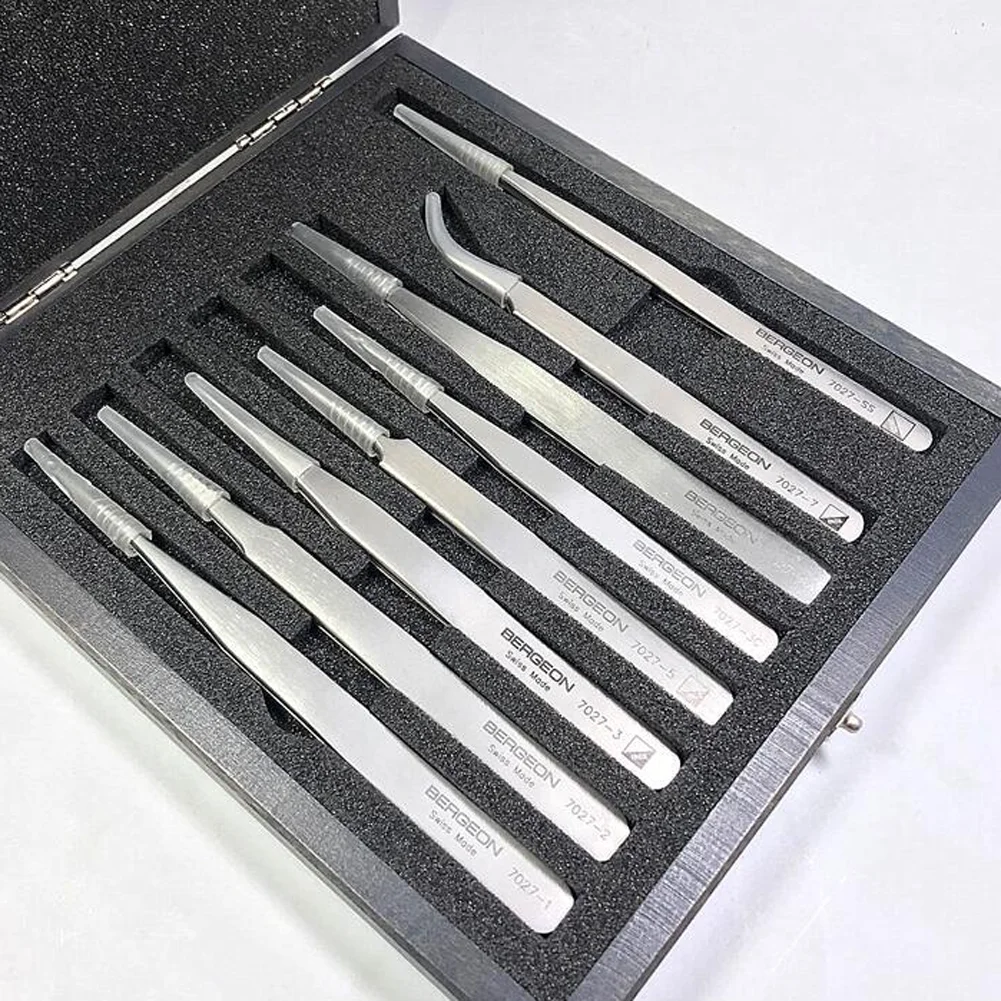 Bergeon 7027 Set of 8 Assortment INOX Stainless Steel Tweezers, Trimmed Finish