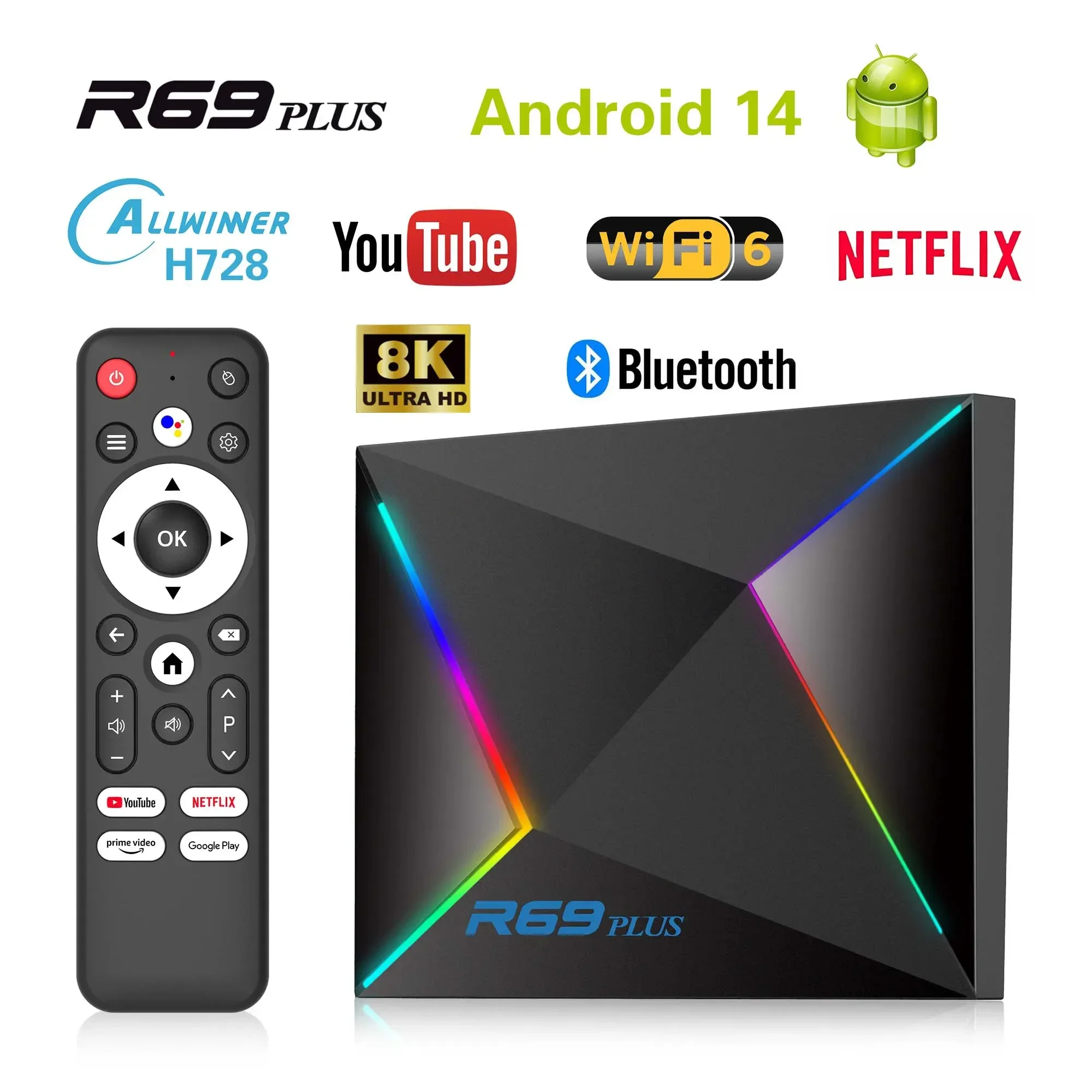 Mortal R69 Plus Smart TV Box Android 14 AllwinnerH728 Dual WiFi Support 8K Chromecast Voice Assistant Control televisor smart tv