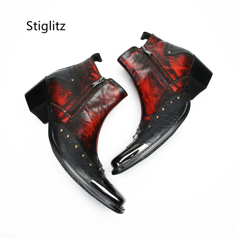 Red Black Patchwork Men's Ankle Boots Metal Toe Zip High Heels Genuine Leather Boots for Men Stylish Rivet Short Autumn Boots