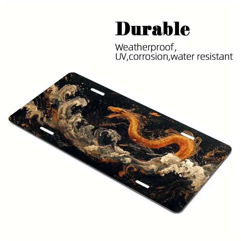 2D Flat, Vintage Dragon Pattern License Plate Golden and Black Art Metal Car Decoration, Durable Classic Accessory for Cars