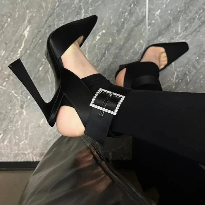 2023 Water Diamond Square Buckle Fine Heel Black Silk High Heel Women's Head Single Shoe