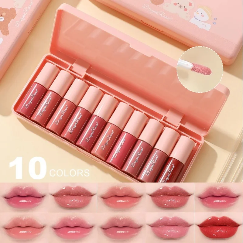 Mini 10-Farben-flüssiger Lipgloss, wasserfest, antihaftbeschichtet, 24-Stunden-langanhaltender Spiegel-Lippenstift-Set, Lipgloss, kosmetische Make-up-Pflege