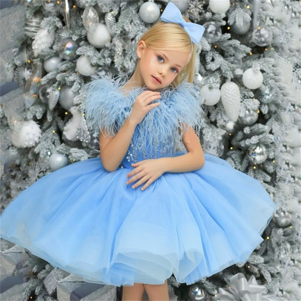 Sky Blue Flower Girl Dress  Feathers Beading Sequin Kids Dresses Ball Pageant For Wedding Party First Communion Gown