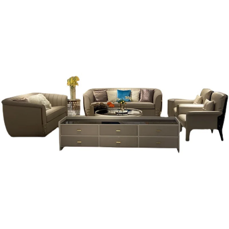 Italian light luxury leather sofa living room simple modern Nordic minimalist first layer cowhide straight row combination
