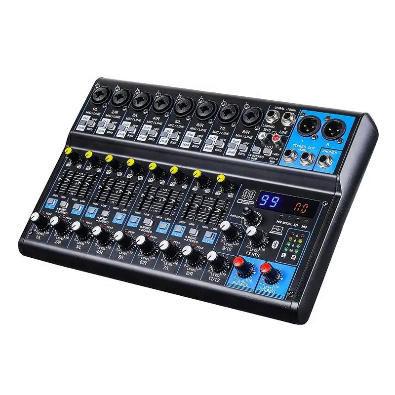 Mixeur multifonction 99DPS avec effet de réverbération, Bluetooth, USB, EQ, 48V, mixeur professionnel, 12 canaux