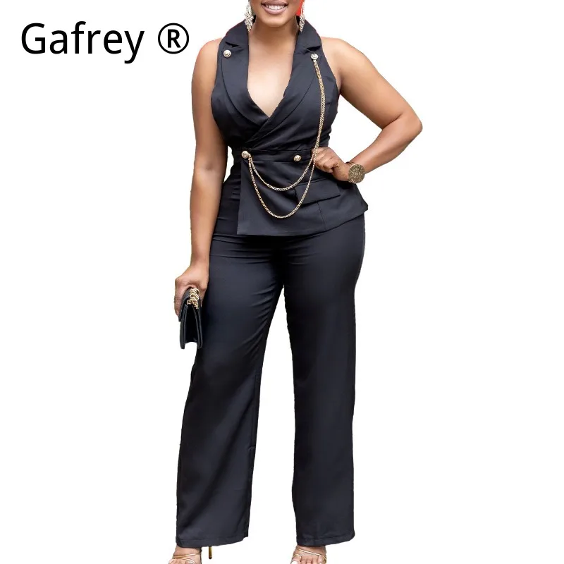 2026 New Arrival African Style Lapel Collar Wide Leg Jumpsuit, Sexy Chain Detail Loose Fit Casual Long Jumpsuits for Women
