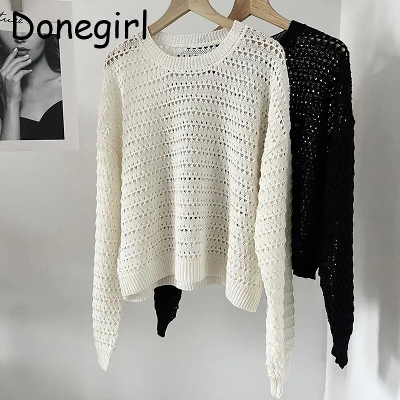 Donegirl Women 2023 New Long Sleeve Hollow Crochet Knitted Sweater Solid Loose Casual Simple Pullovers Tops Female Chic