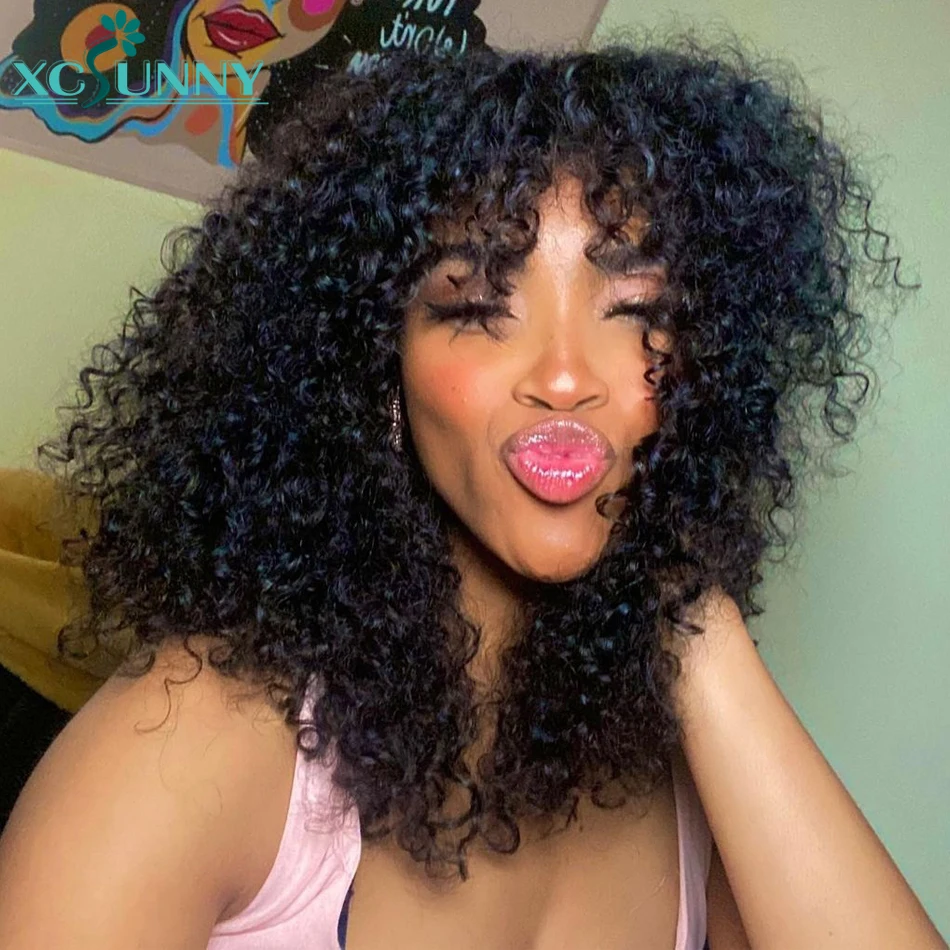 Curly Human Hair Wigs With Bangs Deep Wave Bang Wig Human Hair 180 Density Machine Made Wig Remy Brazilian Xcsunny