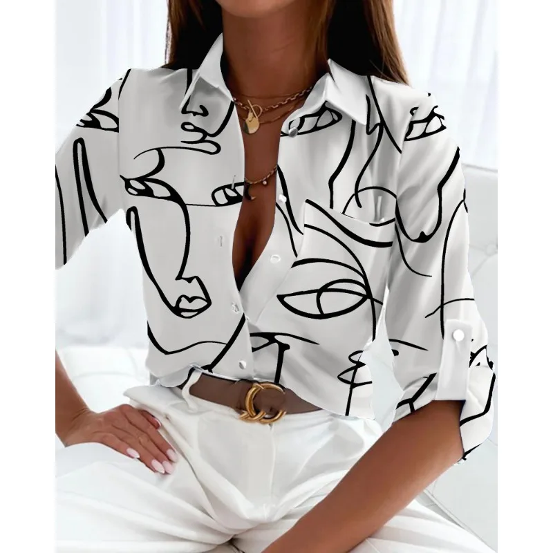 Spring/Summer Women\'s Commuter Long Sleeved Shirt Fashion Printed Lapel Holiday Casual Shirt Elegant Women\'s Shirt