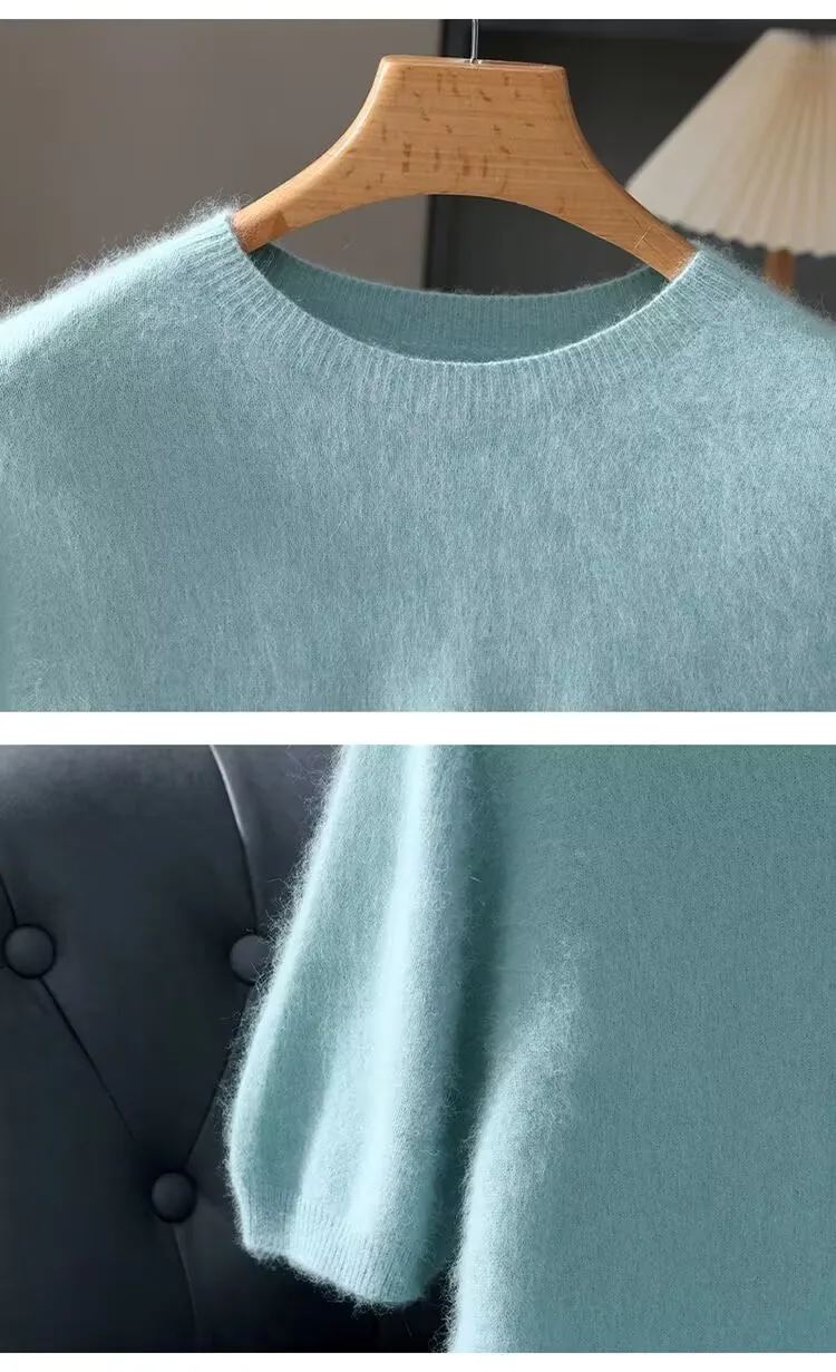 Herrenpullover, kurzärmelig, Sommer-Nerzstrickpullover, lockerer Rundhalsausschnitt, einfarbig, halbe Ärmel, einfaches T-Shirt, lässiges Oberteil – Detail 13