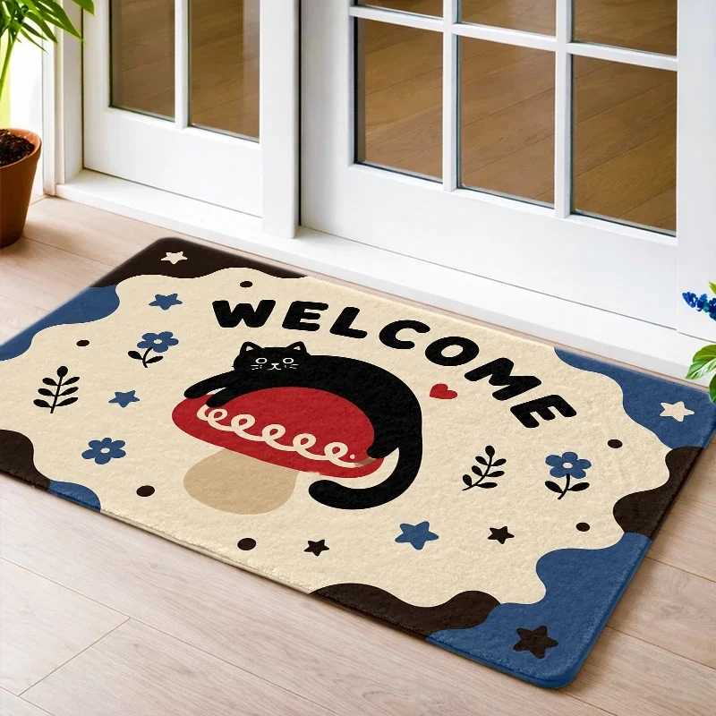 Cats Doormat Black Kitten Paw Print Indoor Floor Rug Entryway Carpet Low‑Profile Area Mat for Porch Hallway Cat Lover Decor