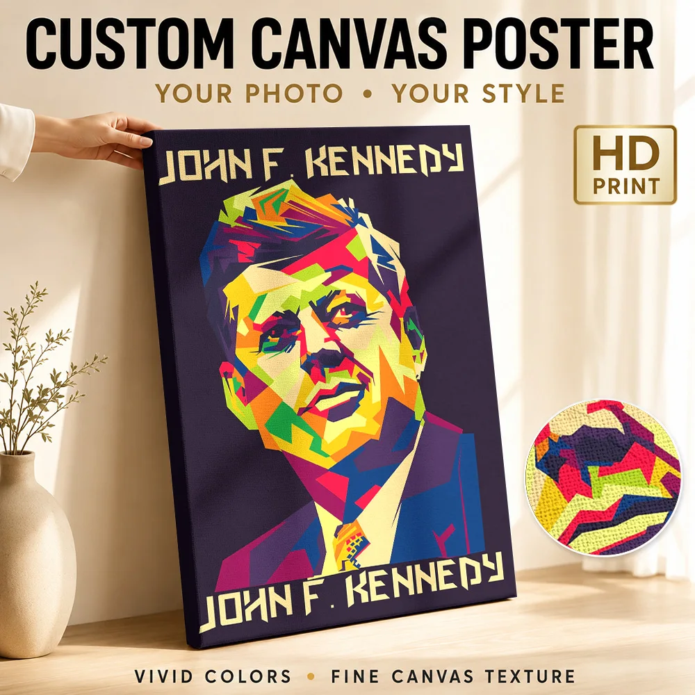 John F Kennedy Portrait Framed Canvas Poster Customized Photo Multicolor Polygon Shapes Wall Art For Workspace Graduation Gift