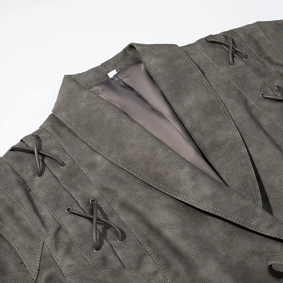 جديد الخريف Vintage المرأة غسل رمادي بولي Leather سترة جلدية التلبيب طوق التعادل القوس الزنانير زر واحد كم كامل معطف ملابس خارجية قصيرة