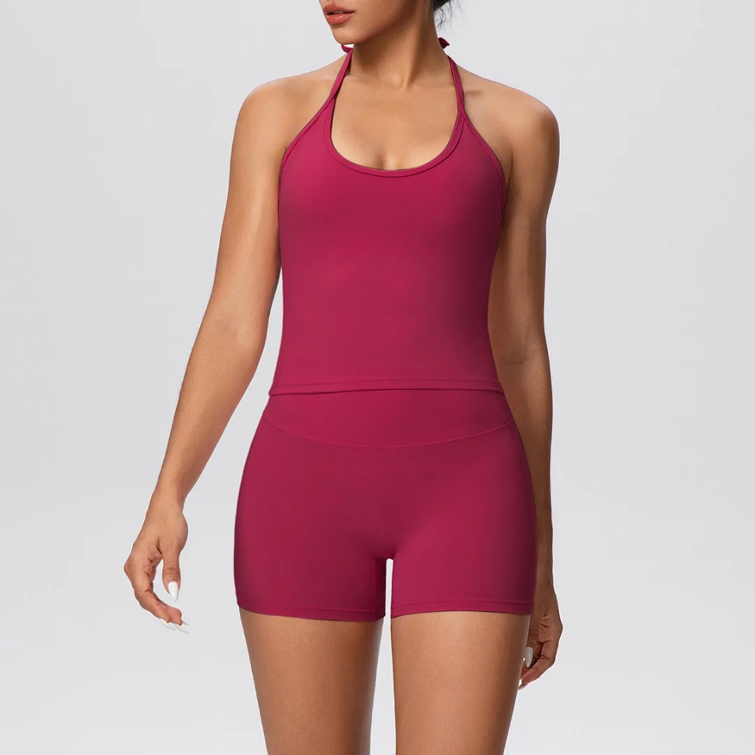 

New Women's Brushed Backless Tie Halter Yoga Set High Waist Hip Lift Sports Shorts Fitness Suit Running Workout Gym Tracksuit