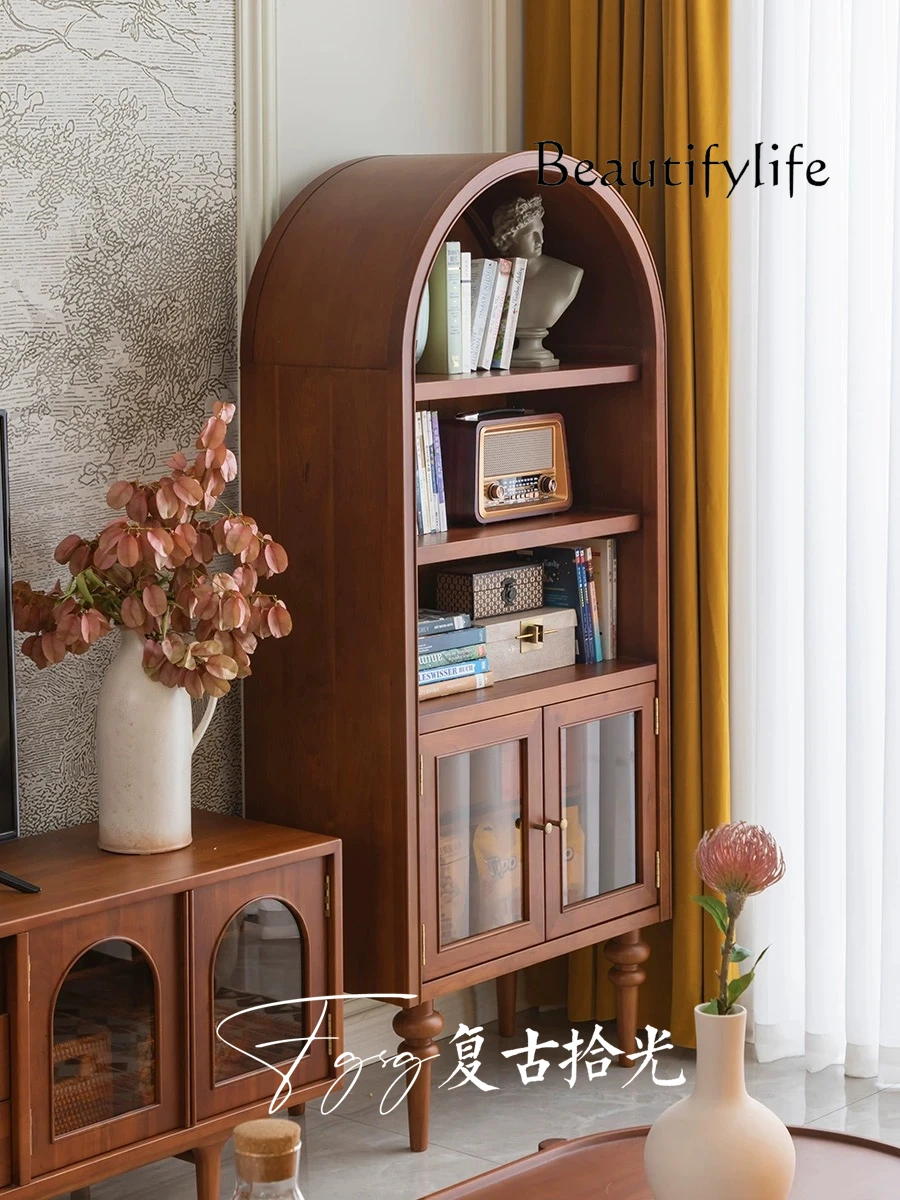 American Retro Distressed Solid Wood Bookcase French Arch Wall Sofa Storage Organizer Side Cabinet