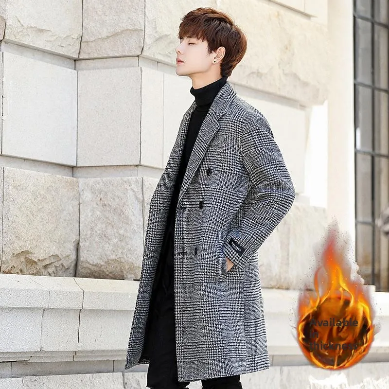 

Мужское твидовое пальто в клетку, зима 2024, свободный крой, повседневное, большие размеры, ветровка в корейском стиле, удлиненное, на одной пуговице