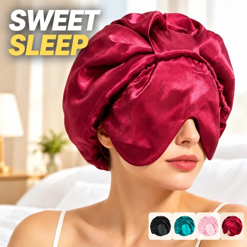 Women Satin Sleep Cap with Eye Mask 2-in-1, Double Layer Light Blocking Hair Care Hat, Soft Postpartum Head Cover for Night