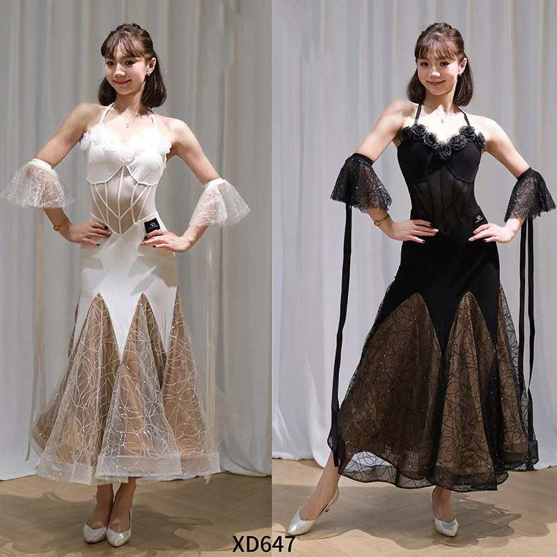 Ballroom Dance Competition Dress Women Waltz Dance Costume White Black Flower Lace Sequin Long Dress Tango Dance Dress BL17393