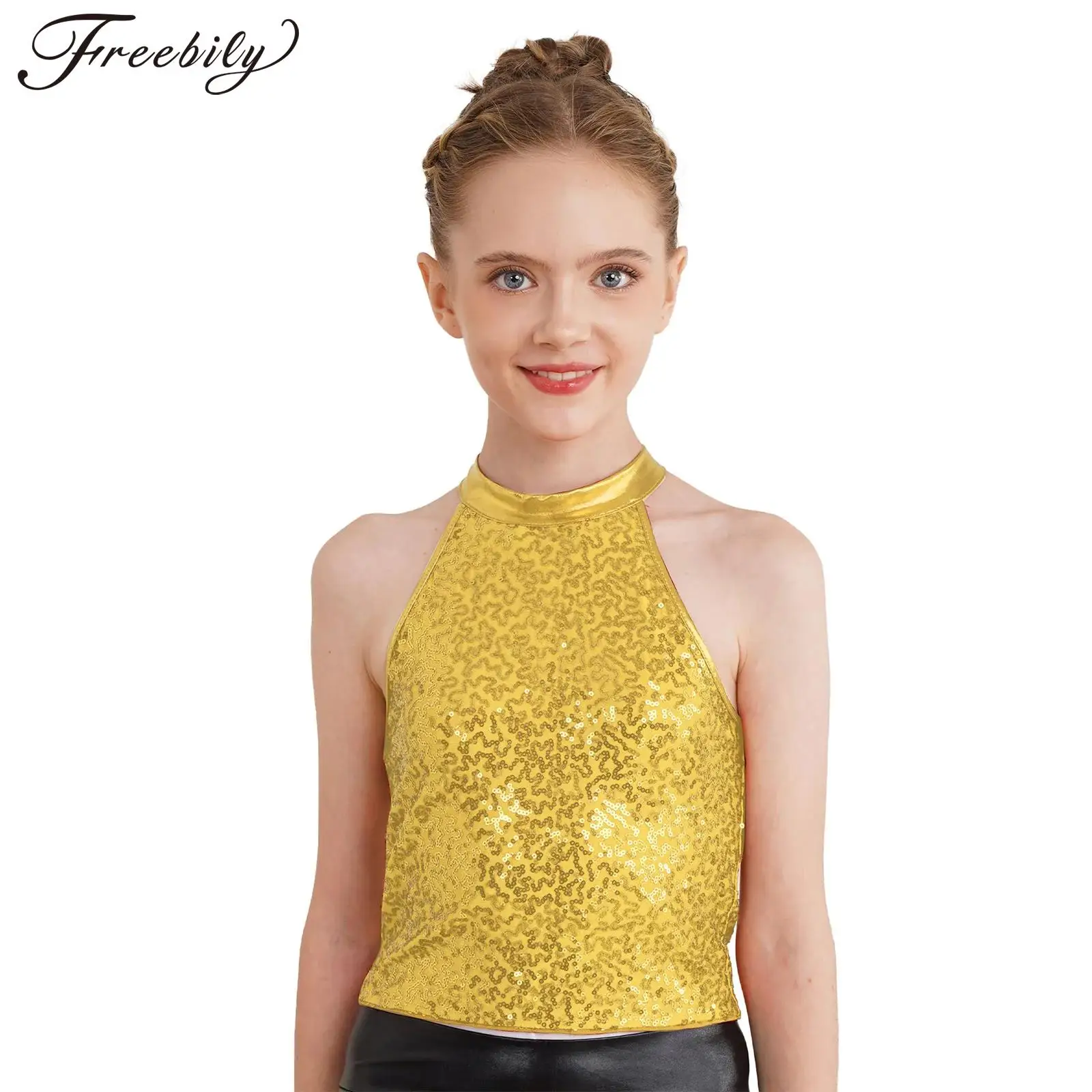 

Kids Girls Sequins Crop Top Halter Sleeveless Tank Tops for Cheerleading Jazz Dance Gymnastics Stage Performance Costumes