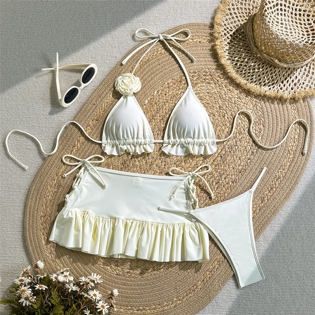 Mit Rock, 3D-Blumenmuster, Neckholder-Bikini, Damen-Badebekleidung, dreiteiliges Bikini-Set, Badeanzug mit Rüschen, Badebekleidung, Schwimmbekleidung V7442 – Detail 8