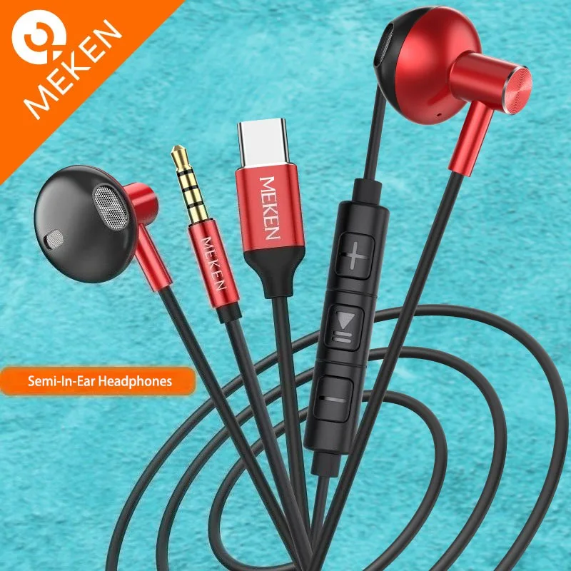 

MEKEN 3.5mm USB Type C Wired Earphone HiFi Stereo Earbuds Red and Black Metal Semi-In-ear Headphones For Computer Mobile Phone