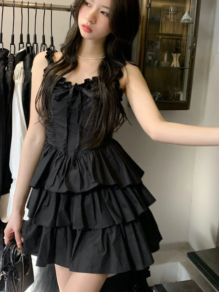 Abito camis nero senza maniche da donna Abito francese con fiocco dolce con lacci Abito da torta sottile Sexy con spalle scoperte Pieghe Abiti da festa Nuovo