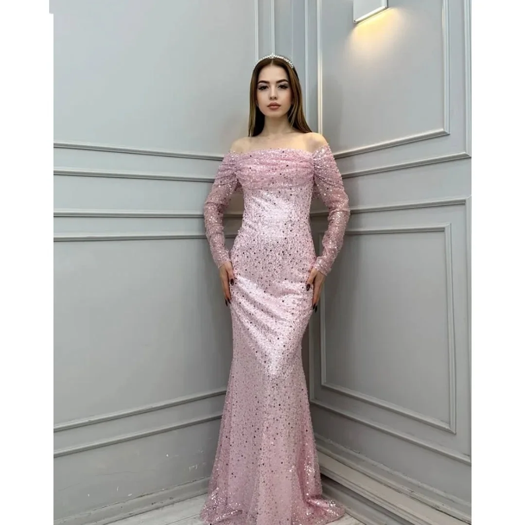 

Customized Lace Sequined Long Sleeves Evening Dresses Pink Tulle Prom Dresses Off-shoulder Women's Wedding Party Dresses 2026