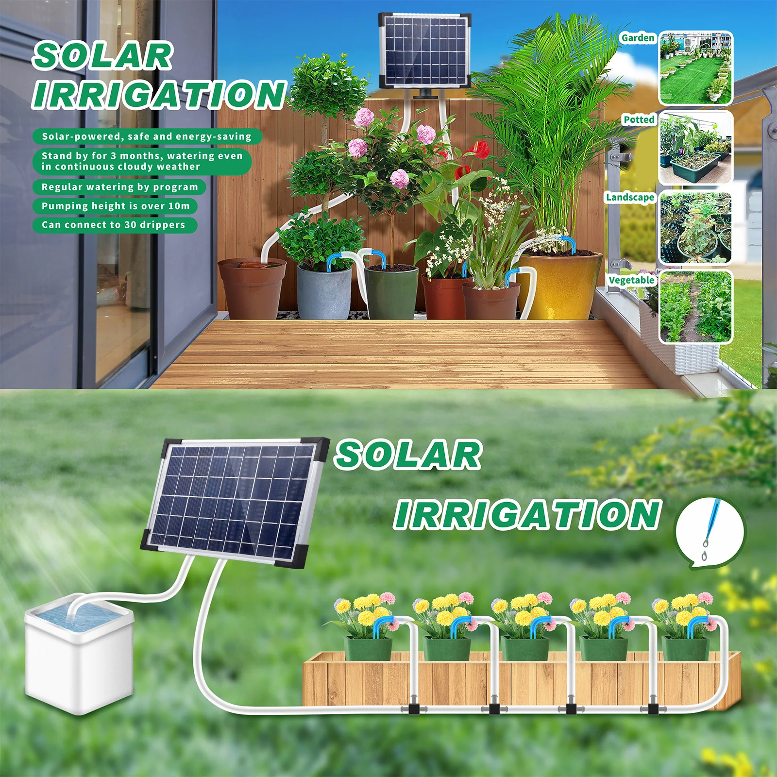 Sistema di irrigazione a goccia automatico solare Kit di irrigazione a goccia ad energia solare Batteria incorporata da 2200 mAh supportata 30