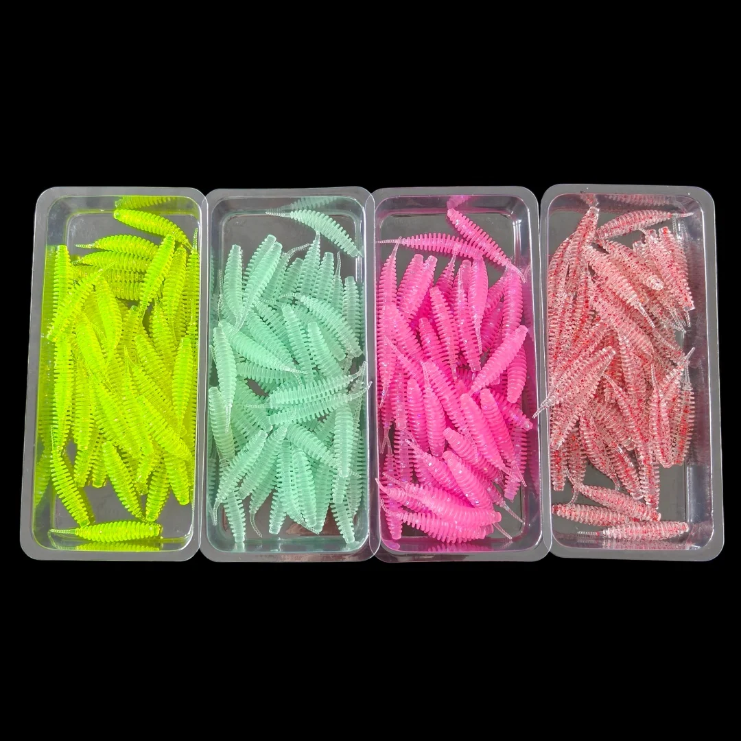 Swolfy 200pcs 35mm 0.4g Micro Ribbed Pin Tail Soft Worm Lure Silicone Soft Bait Mini Drop Shot Root Fishing Tackle