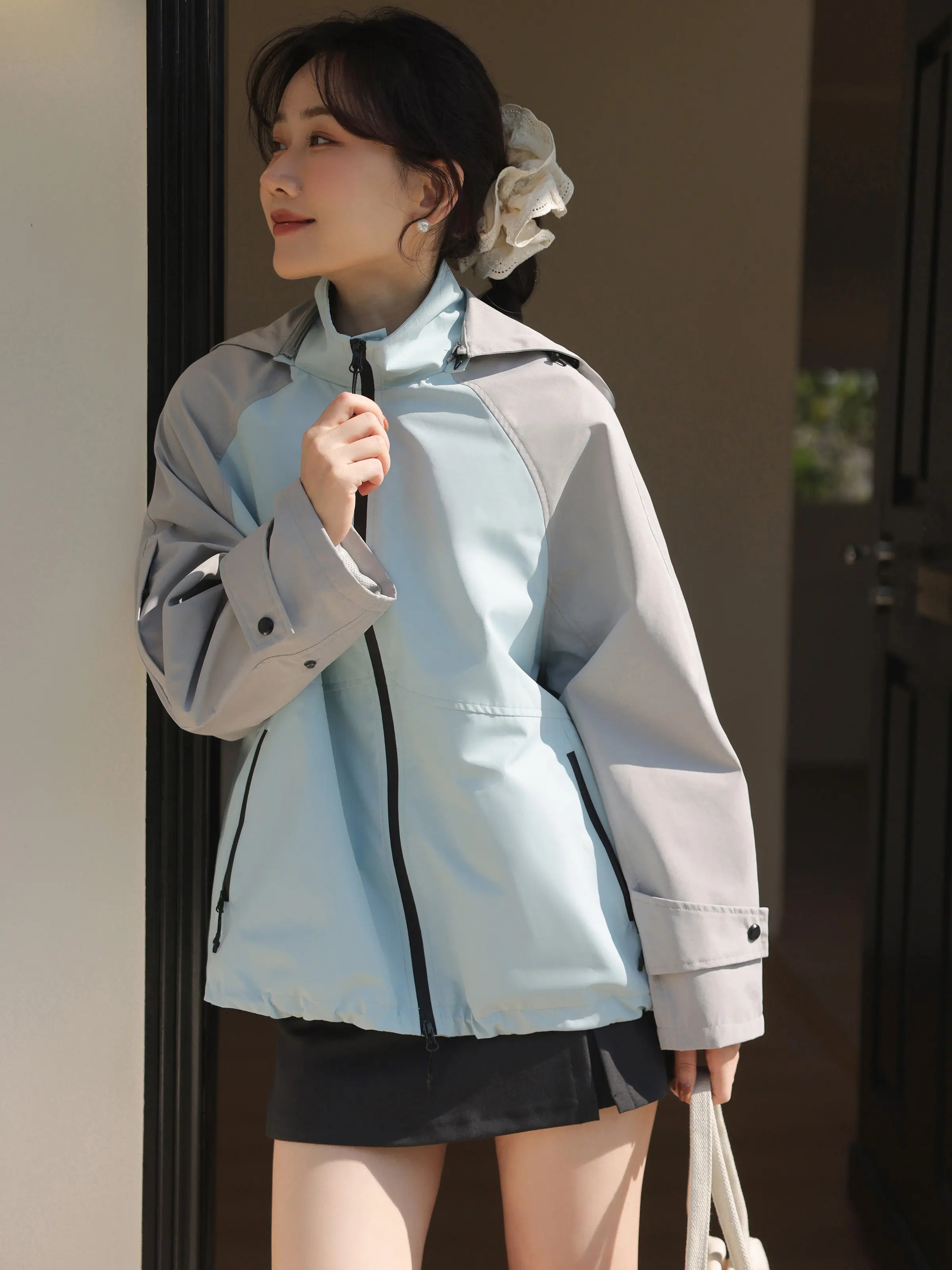 Color Block Hooded Windbreaker Jacket Women Lady Lightweight Waterproof Outdoor Coat Loose Fit Casual Spring Commuter Outerwear