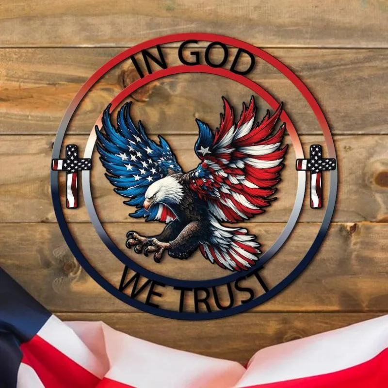Bald Eagle Metal Wall Sculpture American Flag Decor in God We Trust Christian Faith USA Home Decor Gift
