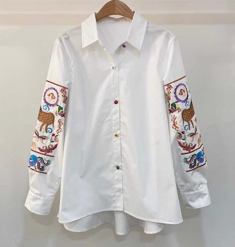 100%Cotton Shirts 2025 Spring Summer Blouses Women Turn-down Collar Luxurious Embroidery Long Sleeve Black White Vintage Shirts