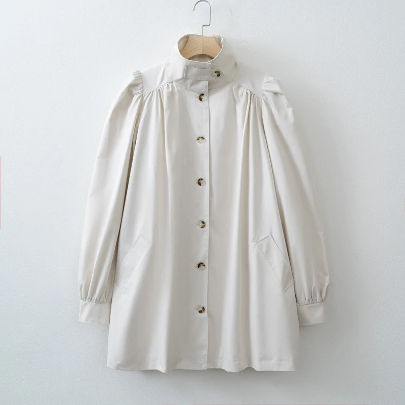 Women's Puff Sleeve Cotton Trench Coat for Spring and Fall