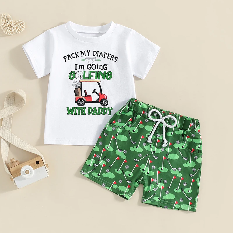 2024-03-26 Lioraitiin Baby Boys Summer Outfits Golf Print Short Sleeves T-Shirt and Elastic Shorts Set 2PCS Vacation Clothes Set