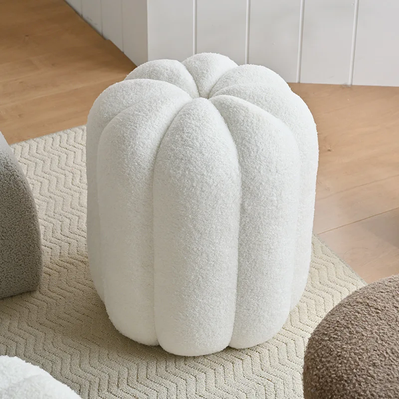 Simple Vanity Stools Pumpkin Shape Teddy Velvet Solid Wood Frame Vanity Stools Creamy Luxury Modern Bedroom Furniture Decoration
