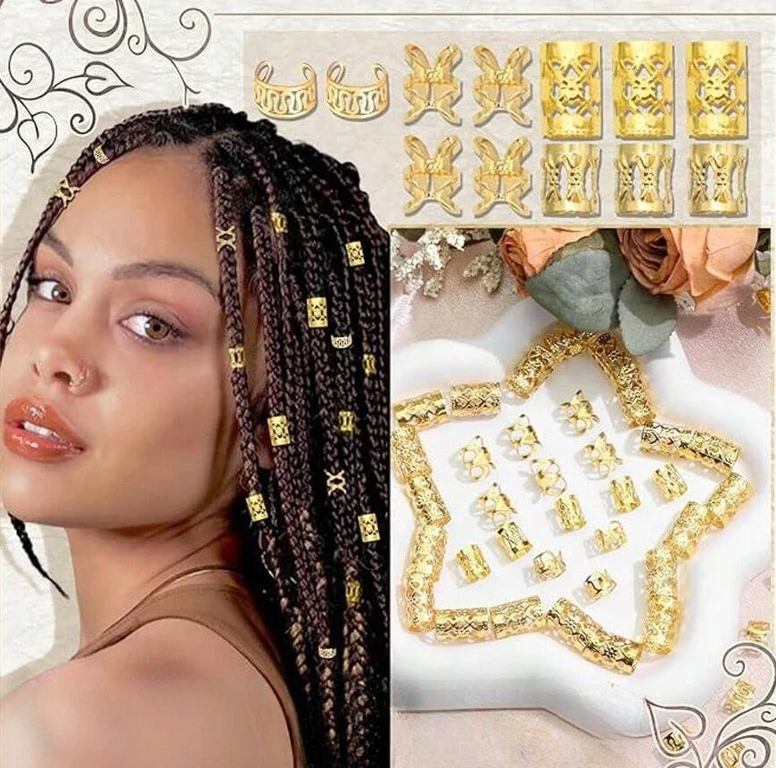 40PCS Legierung Haar Schmuck Haar Manschetten Für Zöpfe Metall Dreadlock Perlen Haar Manschetten Ringe Multi Stil Zöpfe Zubehör