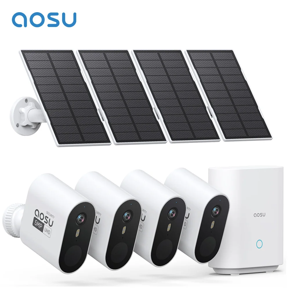 AOSU-Kit de 4 cámaras de 5MP, sistema de cámaras solares inalámbrico, WiFi para exteriores, cámara de seguridad Solar, visión nocturna en Color, conversación bidireccional