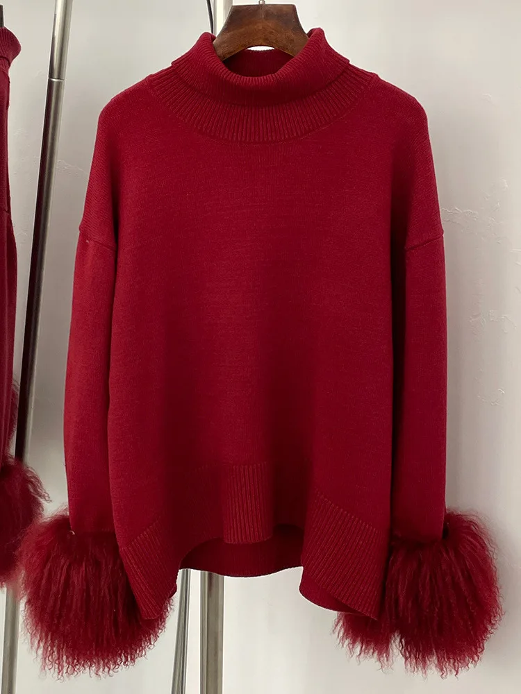 ZMEENNA ผู้หญิง Elegant คอสูงถักเสื้อกันหนาวหรูหรา Faux FUR Cuffs COZY แขนยาว Chic ฤดูหนาวความอบอุ่น ZM3417