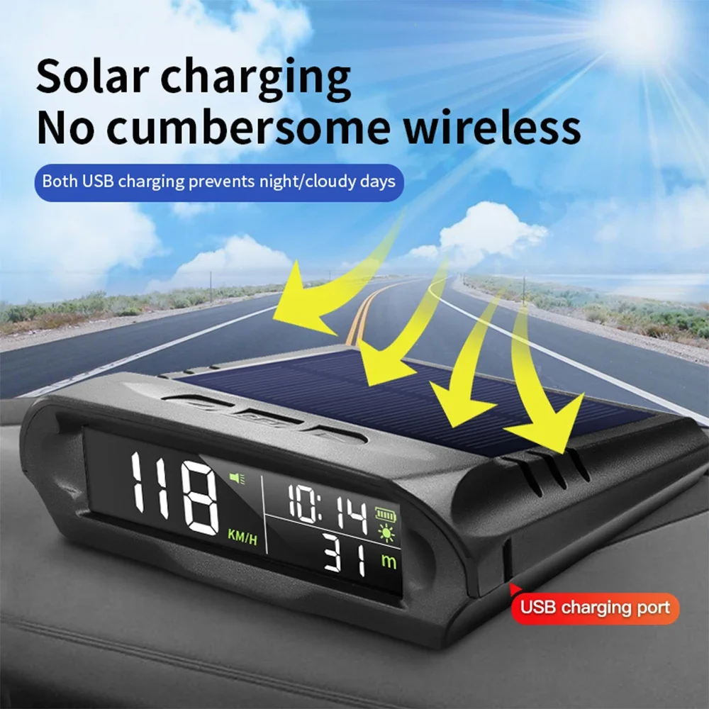 

ELING New HUD Digital GPS Speedometer with Time Altitude Head up Display Solar Charging Fatigue Driving Reminder Overspeed Alarm