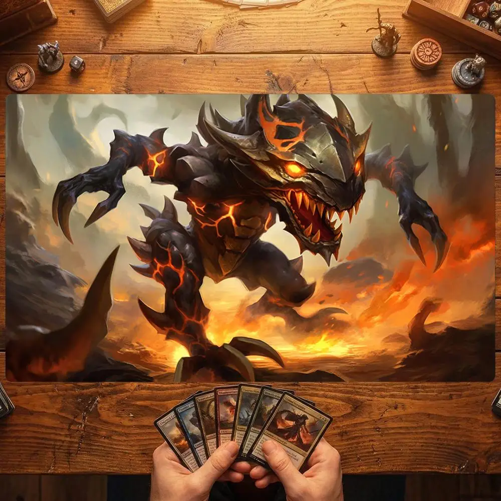 Lava Demon Beast TCG Playmat 35X60CM Fiery Volcano Magic Card Battle Mat Non-Slip Durable Stitched Edge Trading Card Playmat