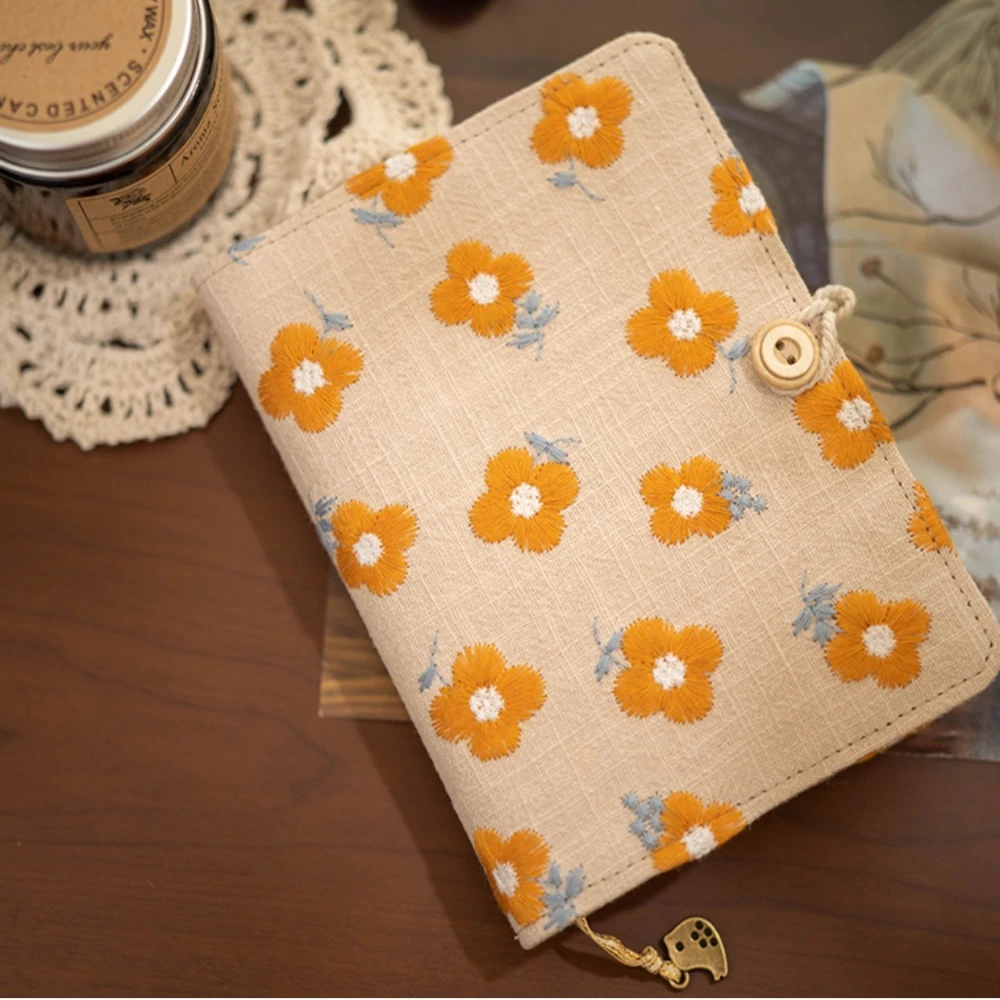 Embroidery Orange Flowers Journal Notebook Cotton Cover Loose Leaf A5 / A6 Binder Diary 6 Ring Planners Organizers Girl Gifts