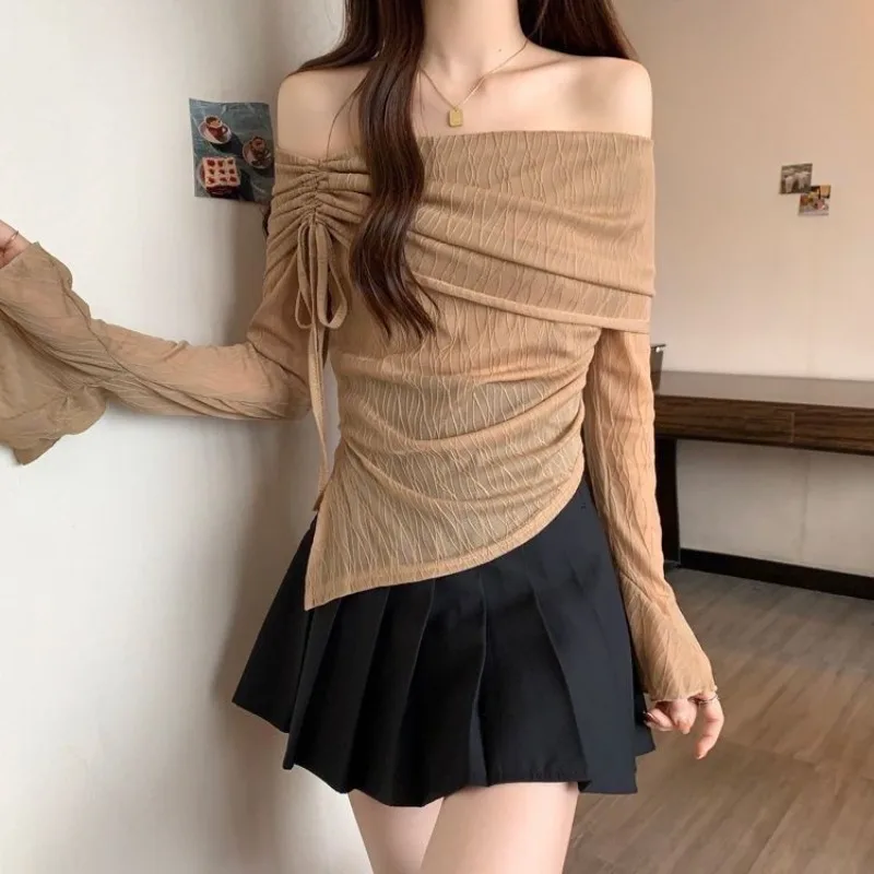 

Универсальные пикантные футболки для девочек, темпераментные футболки с длинными рукавами знаменитостей, женская одежда, базовые топы