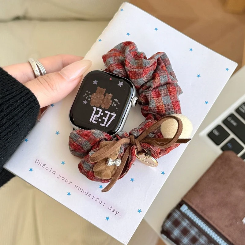 Retro Plaid Bear Elastic Strap for Apple Watch 44mm Band 40mm 45 46 42 41 49 Women Loop Bracelet for IWatch S11 10 9 8 7 6 5 4 3